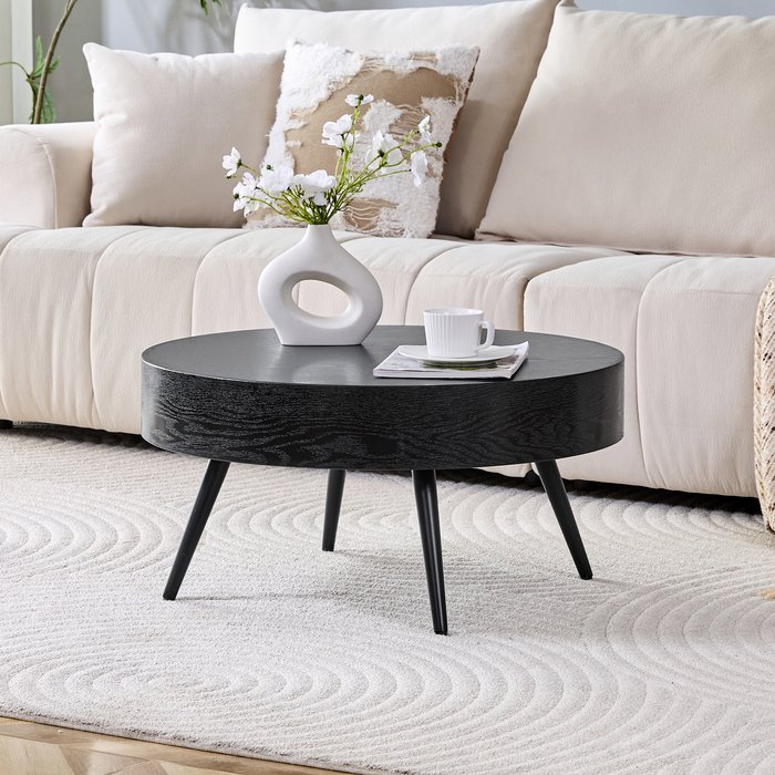 Mesa de centro redonda 70x70x35,5 cm con patas de metal, tablero en mdf, negro