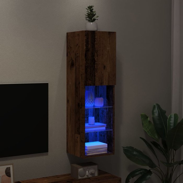 Mueble de tv con luces led, acabado madera envejecida, 30,5x30x102 cm