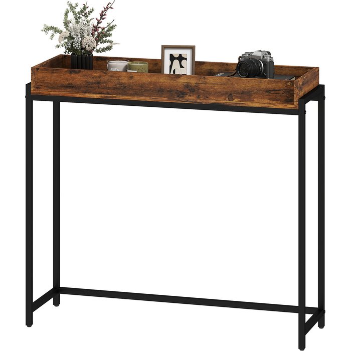 Mesa de entrada, consola estrecha, metal, aglomerado, marrón rústico