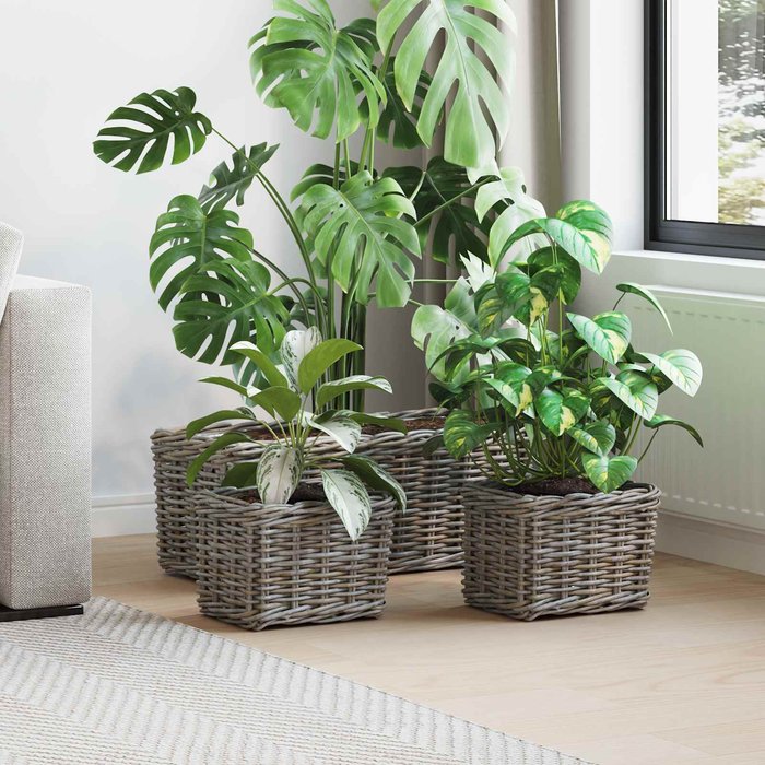 Cesta para plantas con almacenamiento 3 pcs gris ratán kubu vidaxl
