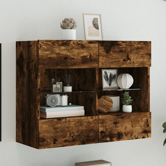 Mueble de tv de pared con luces led, roble ahumado, 78,5x30x60,5 cm