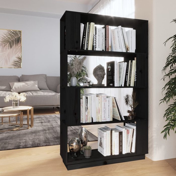 Librería/separador de ambientes negro 80x25x132 cm pino macizo
