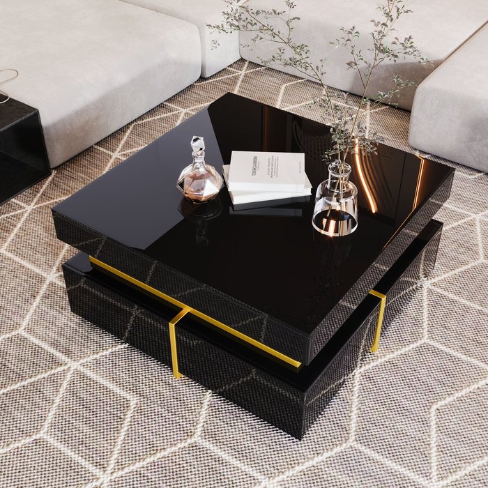 Mesa de centro negra 70x70x35,5 cm con dos cajones y decoración dorada