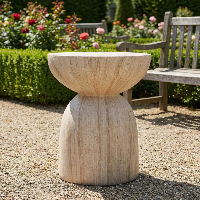 Mesita auxiliar de exterior de mgo, con acabado marmolado, color beige