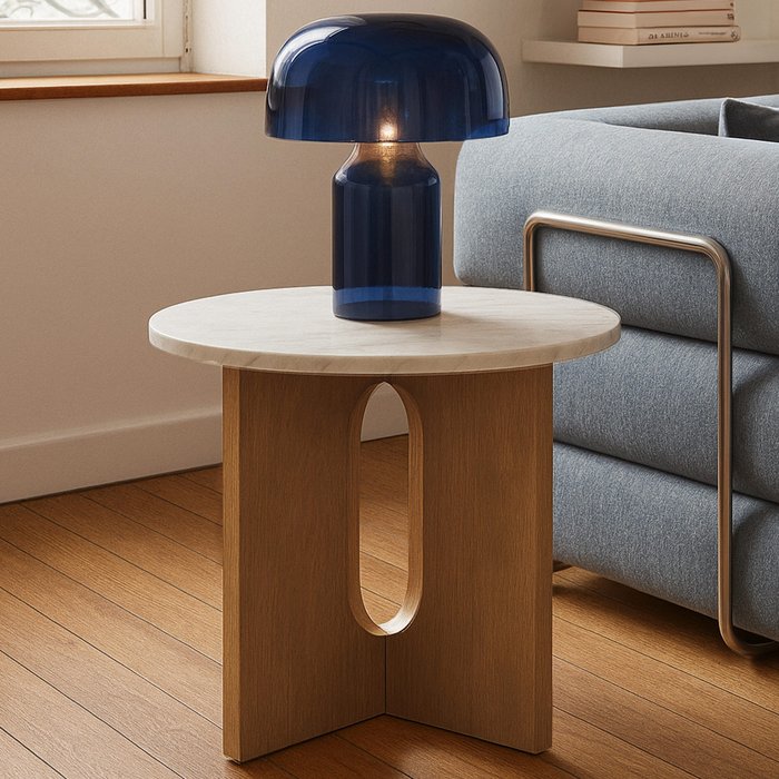 Mesa de centro redonda moderna de 50 cm efecto mármol madera clara