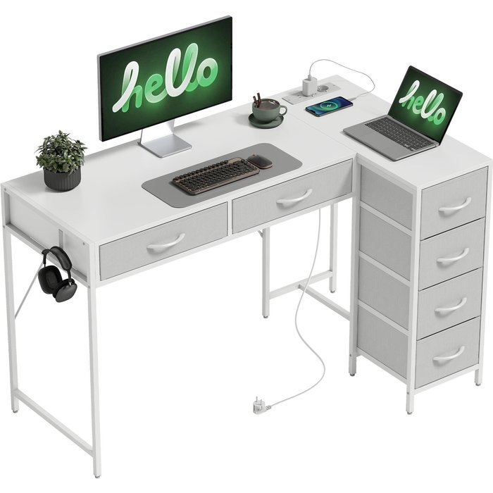 Escritorio esquina reversible 6 cajones enchufes usb 126x48cm blanco