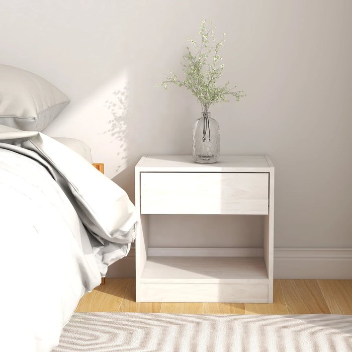 Mesita de noche blanca, 40x31x40 cm, madera maciza de pino.