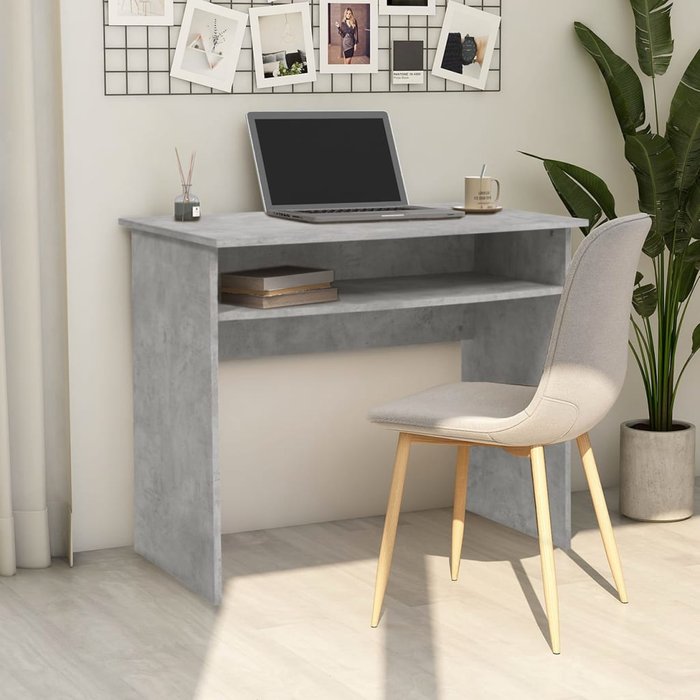 Escritorio gris hormigón de 90x50x74 cm, fabricado en madera de ingeniería.