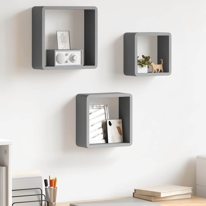 Estantería de pared cúbica de 3 piezas, mdf gris.