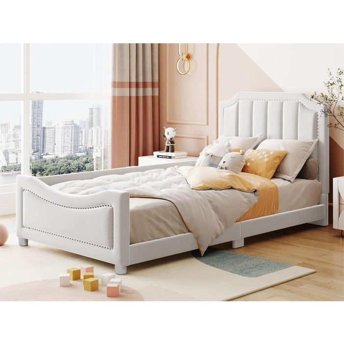 Cama individual 90x200cm para niños - sofá cama de terciopelo - beige