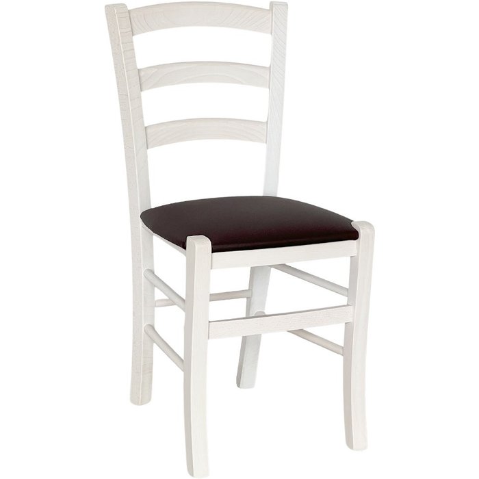 Silla venezia paesana de madera blanca con asiento en símil piel marrón