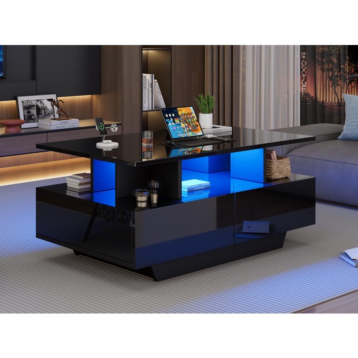 Mesa de centro con led - con 2 cajones - negro