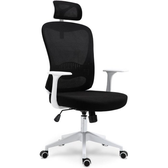 Silla de oficina ergonómica en blanco y negro con reposacabezas