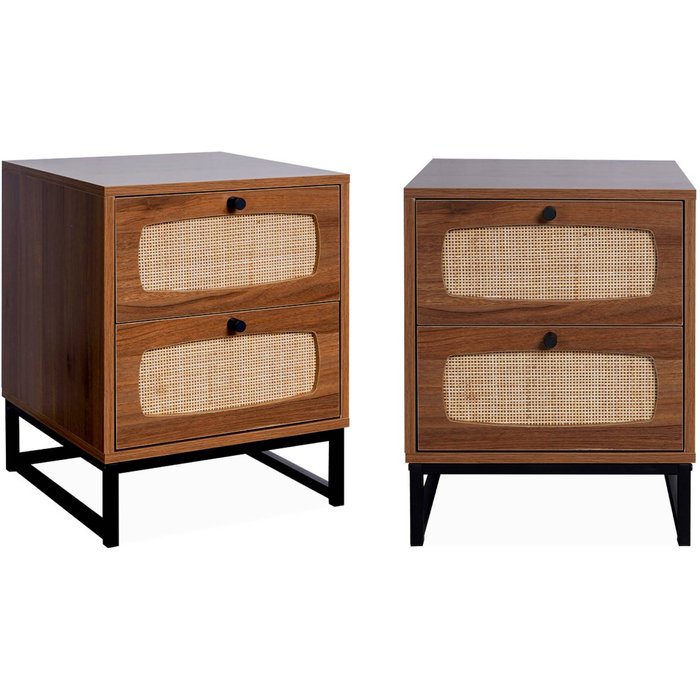 Mesitas de noche de madera y caña, set de 2, retro, natural, 40x40x52 cm