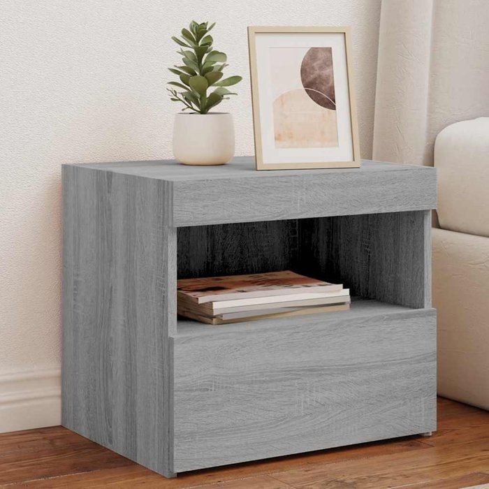 Mesita de noche con luces led sonoma grises, 50x40x45 cm