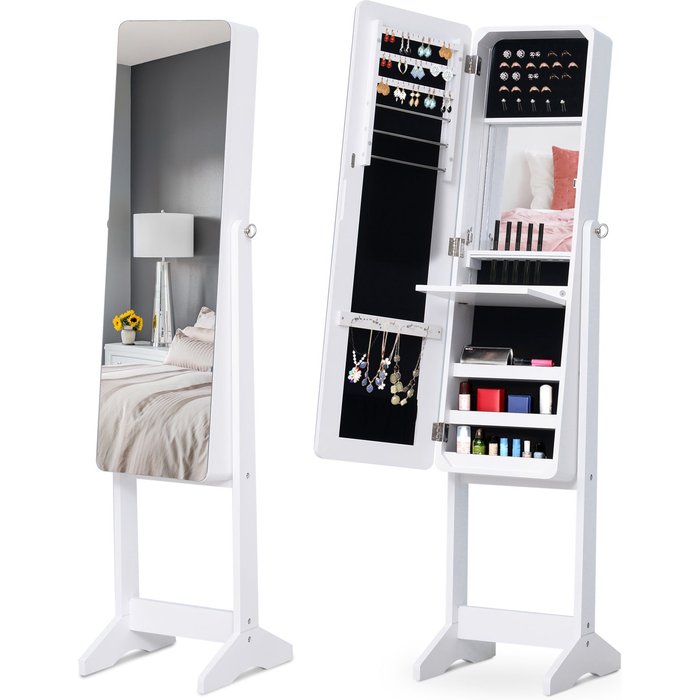 Joyero con espejo ajustable e iluminación led, madera, blanco, 30x146x36 cm