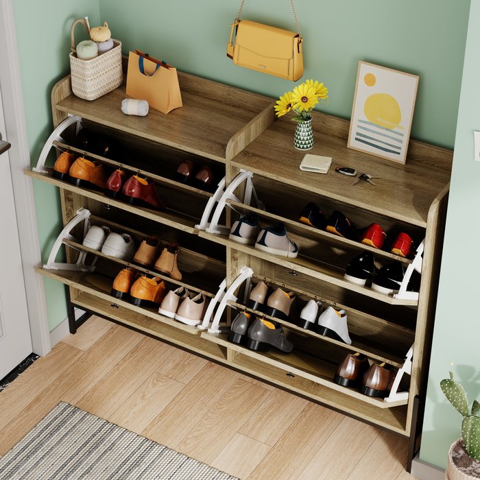 Zapatero 118x25x91,5 cm con 4 puertas, doble fondo, tablero aglomerado, natural