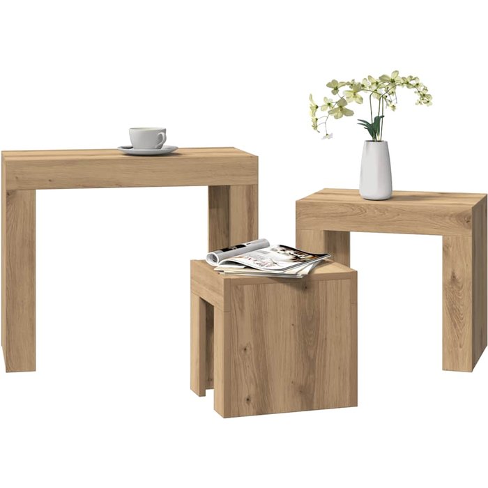 Mesas de centro apilables, 3 piezas, roble artesanal, madera de ingeniería.