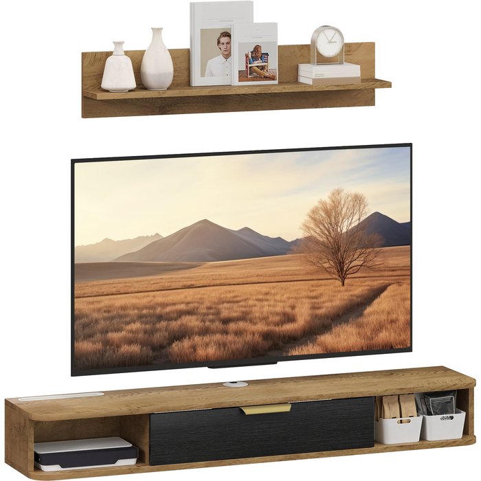 Mueble tv pared 120cm roble con estantes y gestión cables