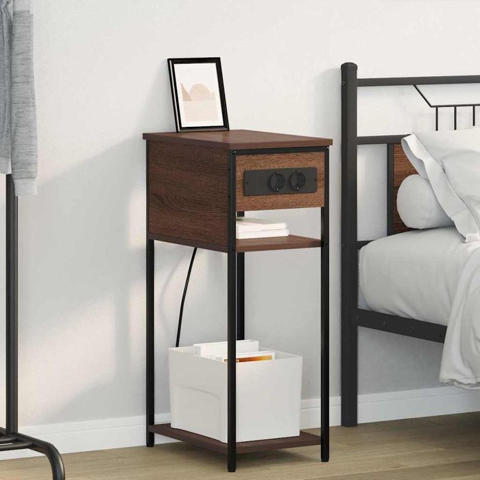 Mesilla de noche, roble marrón, 41 x 28 x 76 cm, madera de ingeniería