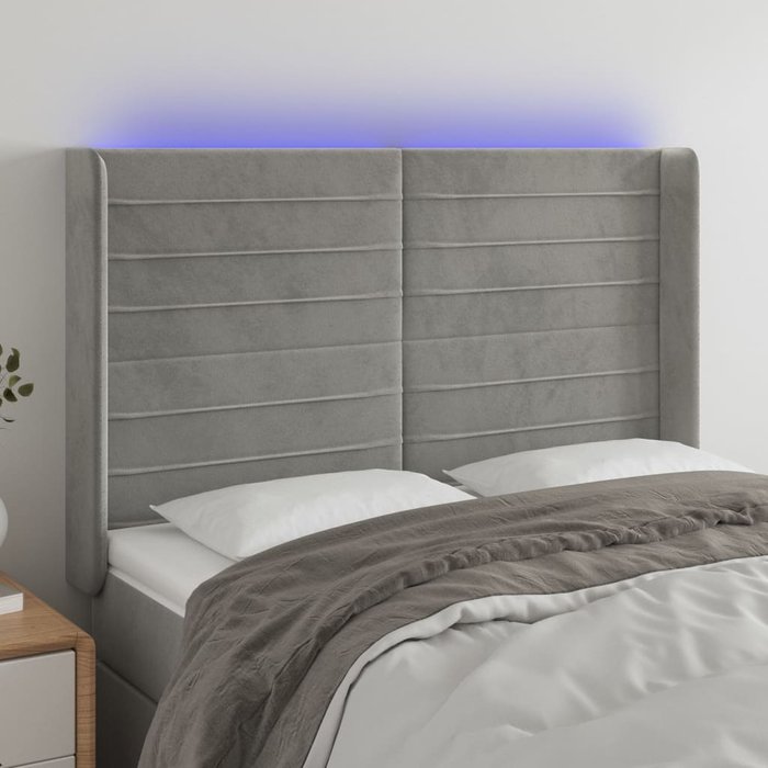 Cabecero con led de terciopelo gris claro 147x16x118/128 cm