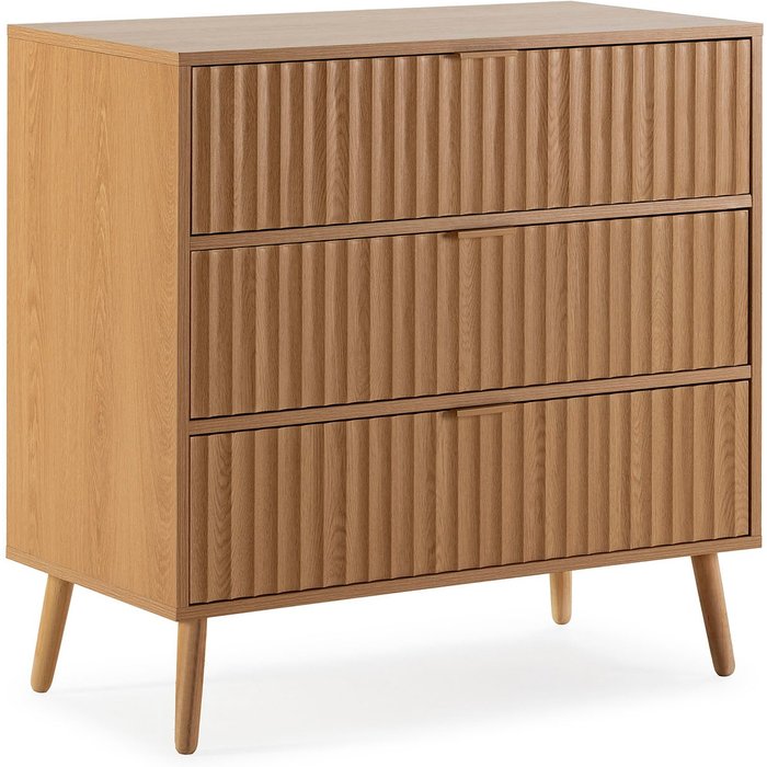 Cómoda de noche lluvia 3 cajones color roble, 80 cm ancho