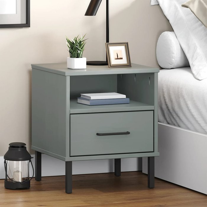 Maison exclusive - mesita de noche patas de metal madera maciza pino gris oslo