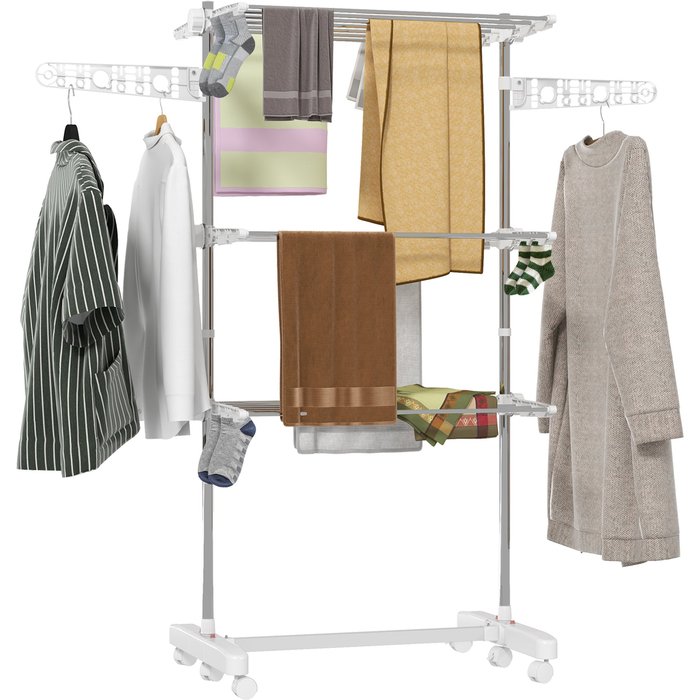 Tendedero portátil, 3 niveles, plegable, plateado y blanco