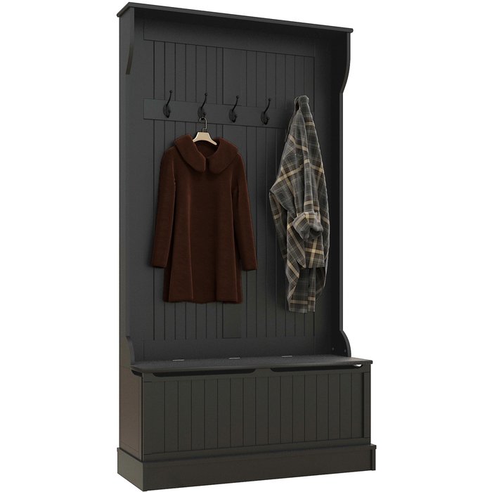 Mueble perchero entrada con banco y armario 5 ganchos 96x34x179cm negro