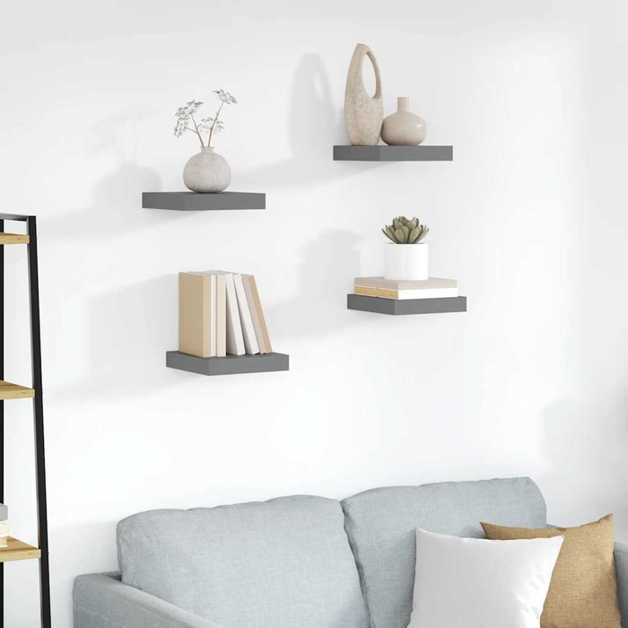 Estantería flotante de pared, 4 piezas, gris brillante, 23x23,5x3,8 cm, mdf