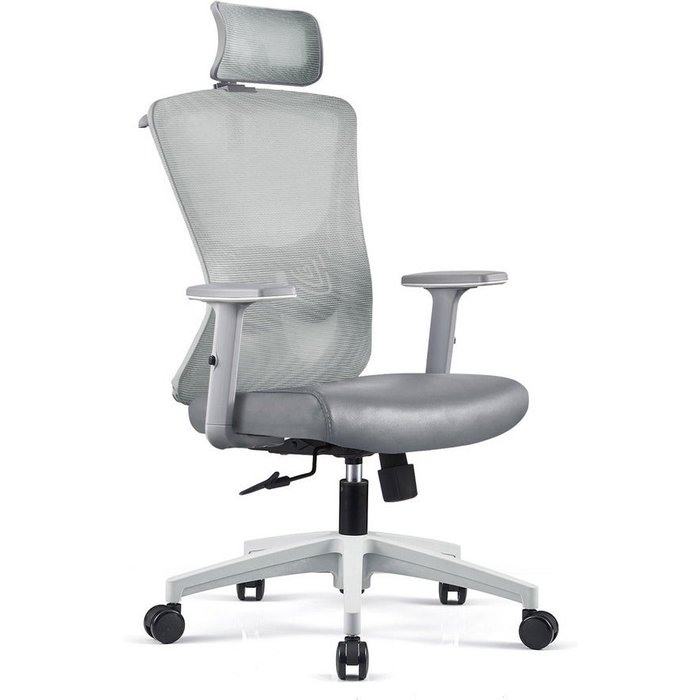 Silla de oficina regulable en ecopiel gris claro.