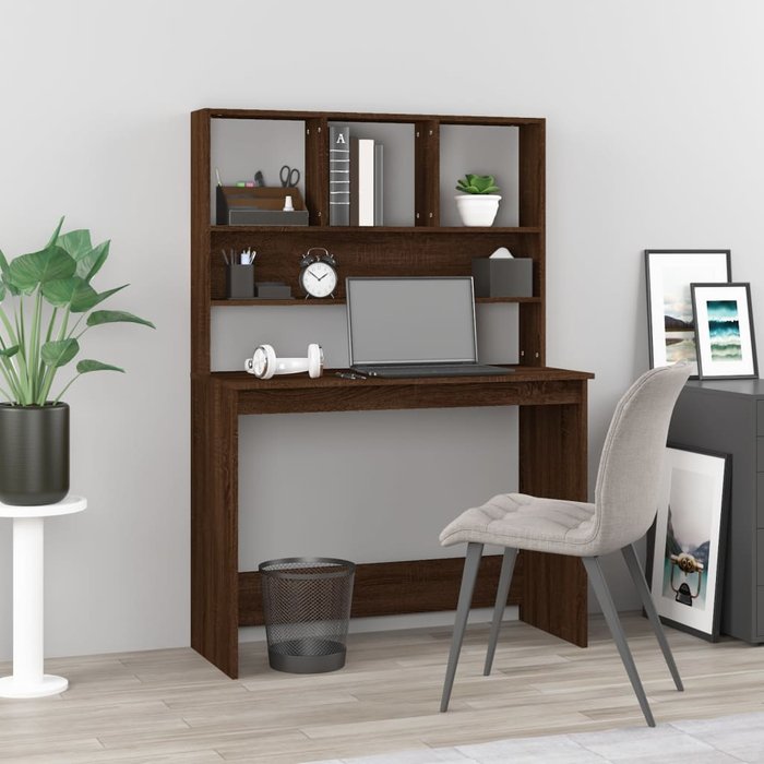 Escritorio y estantes, roble marrón, 102x45x148 cm, madera de ingeniería.