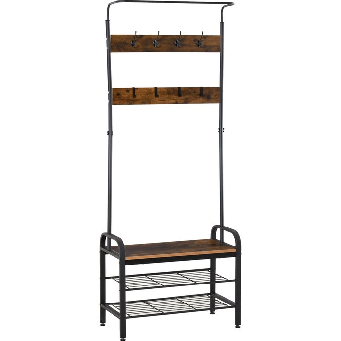 Mueble perchero entrada 8 ganchos zapatero industrial 72x34x185cm marrón negro