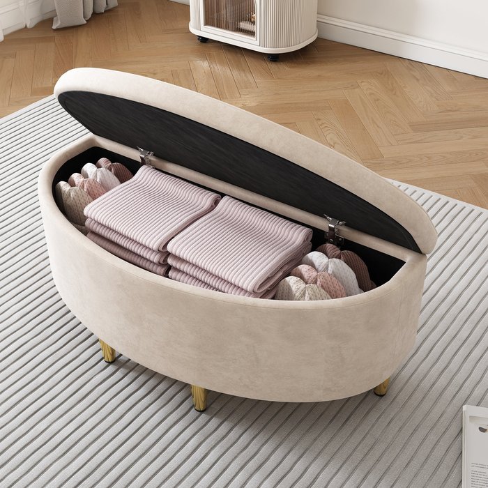 Banco de almacenaje de terciopelo - 90 x 40 x 42 cm - patas de metal - beige