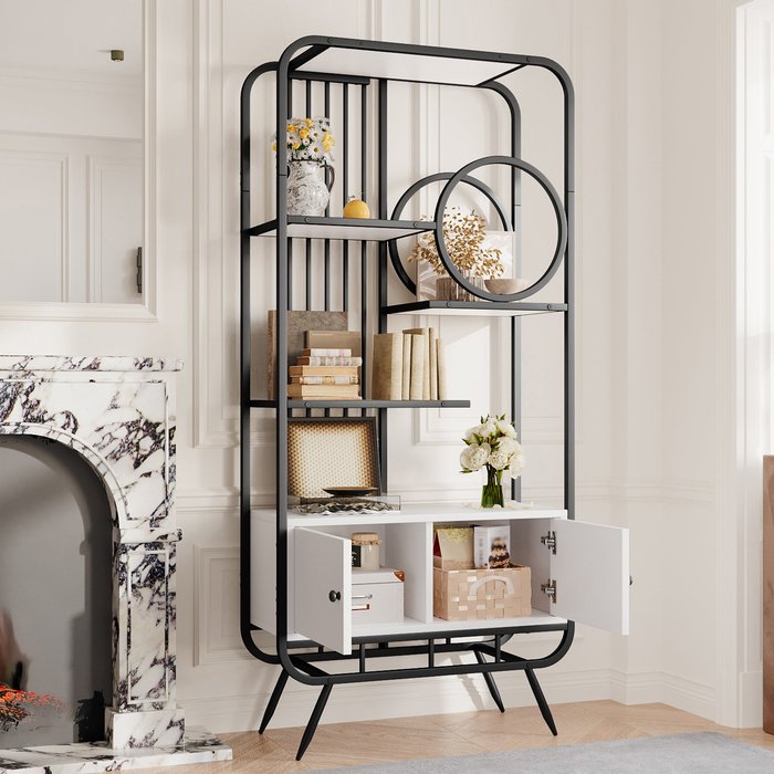 Estantería 80x30x180cm gran capacidad versátil mdf y metal blanco y negro