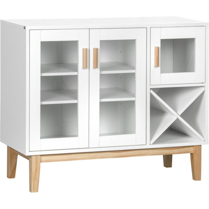 Aparador cocina 3 puertas cristal soporte botellas x 90x37x75cm blanco moderno