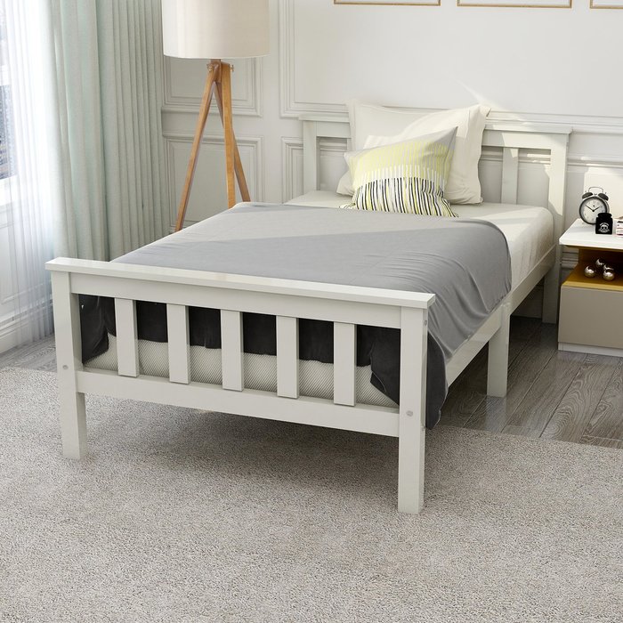 Cama para adultos de madera maciza con somier de láminas - 90x200 cm - blanco