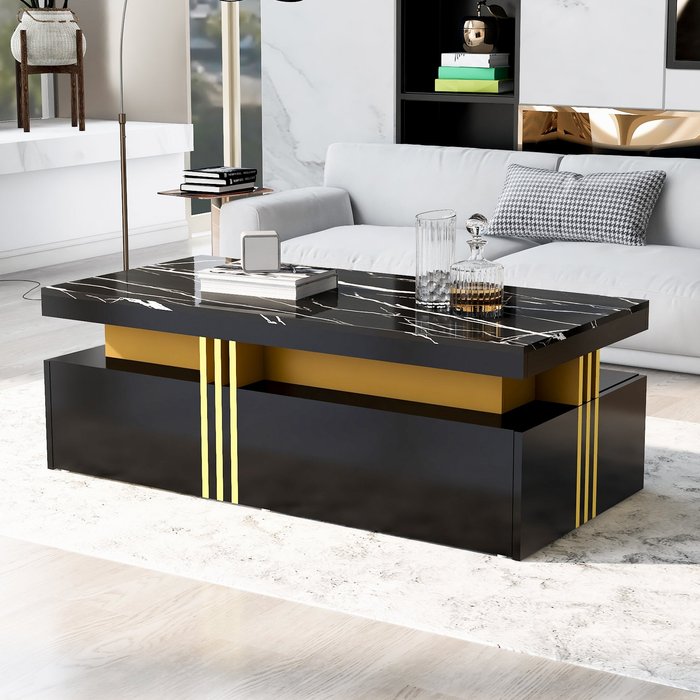 Mesa de centro 100x50x40 cm, 2 cajones, borde metal dorado, aglomerado, negro