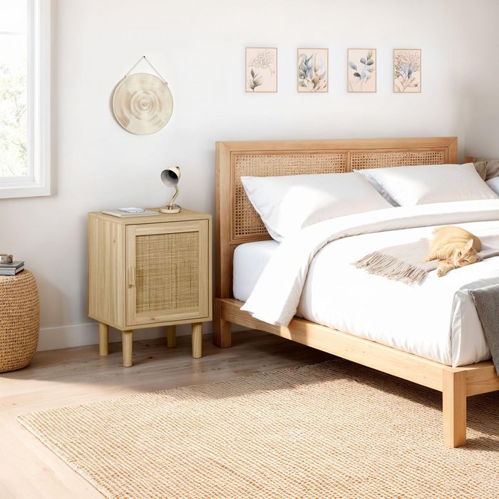 Mesita de noche made pino - rattan 40 x 58 x 30 cm