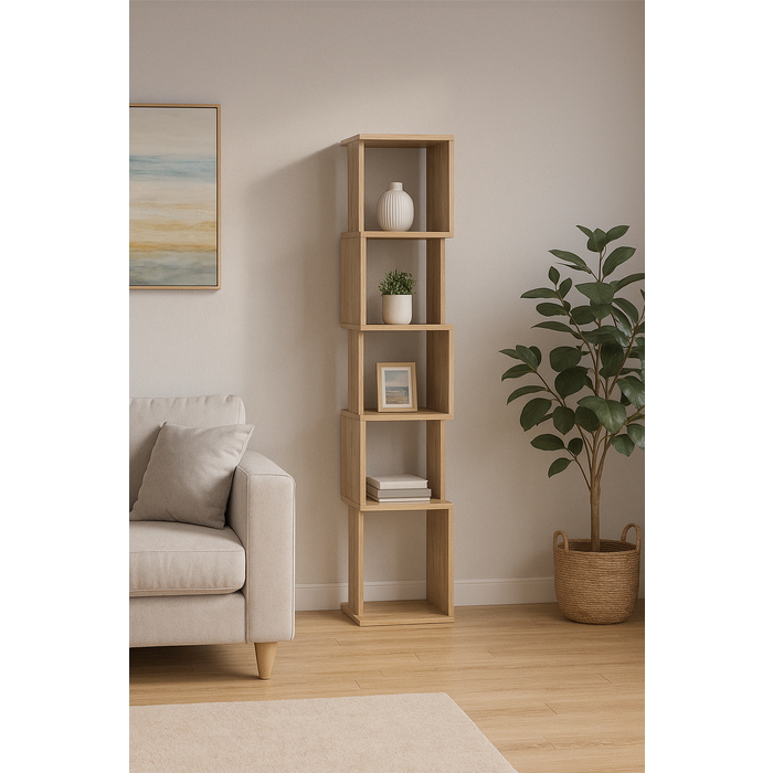 Librería columna en color natural, 35x30x161 cm, 6 estantes, diseño moderno