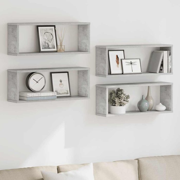 Estantes de pared cúbicos, 4 piezas, gris hormigón, madera de ingeniería.