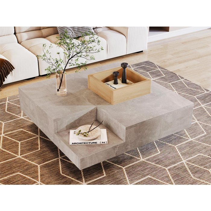Mesa de centro cuadrada con caja de almacenamiento extraíble - gris claro