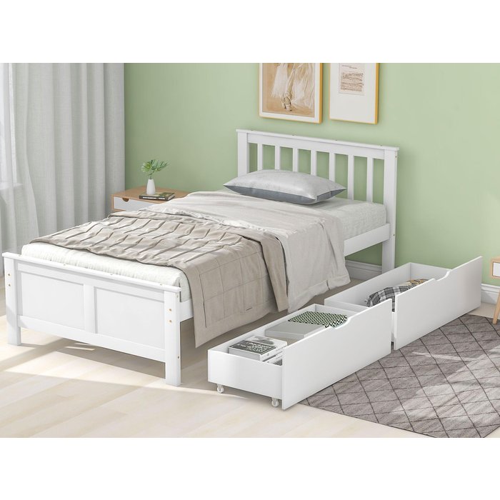 Cama individual 90x200cm de madera maciza con 2 cajones - blanco