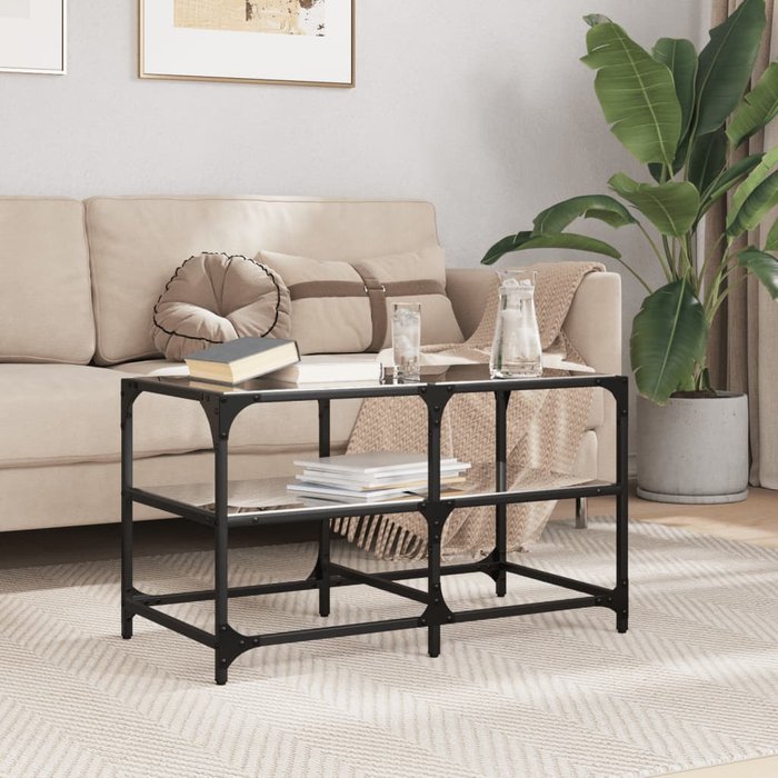Mesa de centro con tablero de cristal negro, 78,5 x 40 x 45 cm, acero