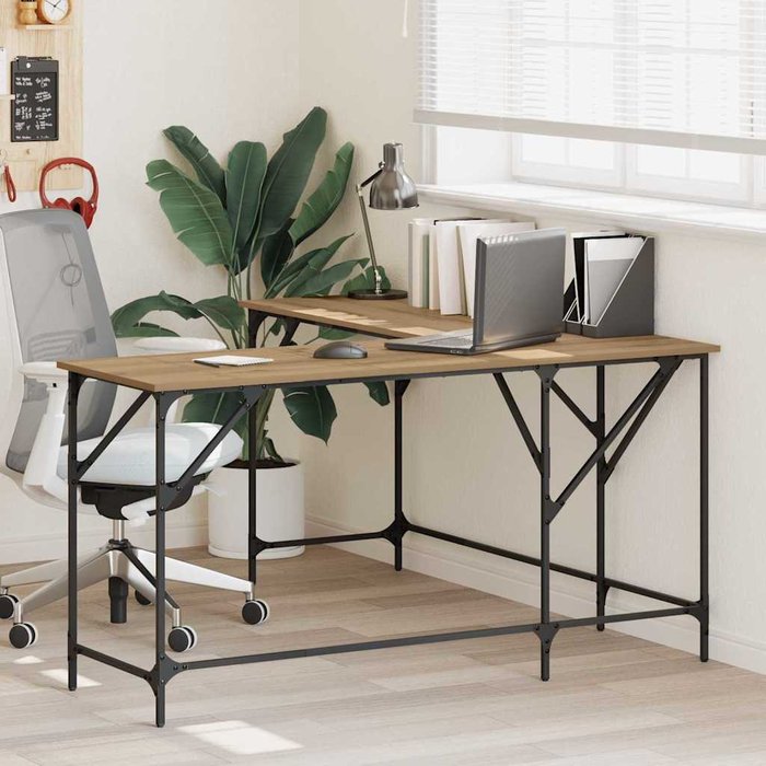 Escritorio de roble hecho a mano, 149 x 149 x 75 cm, madera de ingeniería.