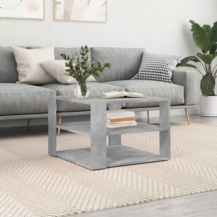 Mesa de centro gris hormigón de 58x58x40 cm, fabricada en madera de ingeniería.