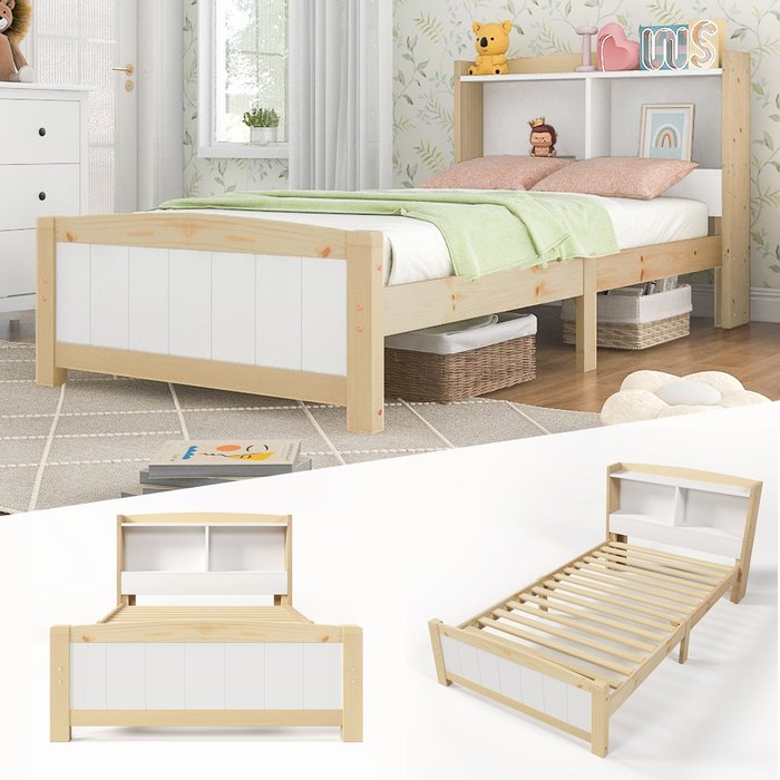 Cama infantil de 90 x 200 cm con cabecero - madera maciza - natural + blanco