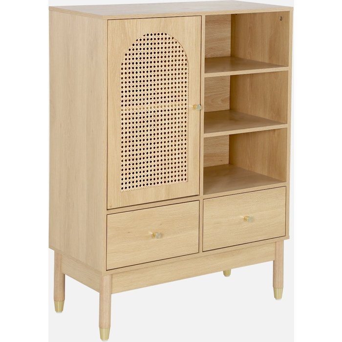 Aparador con decoración de madera y mimbre 1 puerta, 75cm natural - 75x35x100 cm