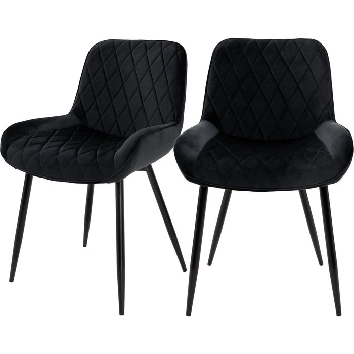 Set 2x sillas de comedor / salón retro de terciopelo negro con patas de metal