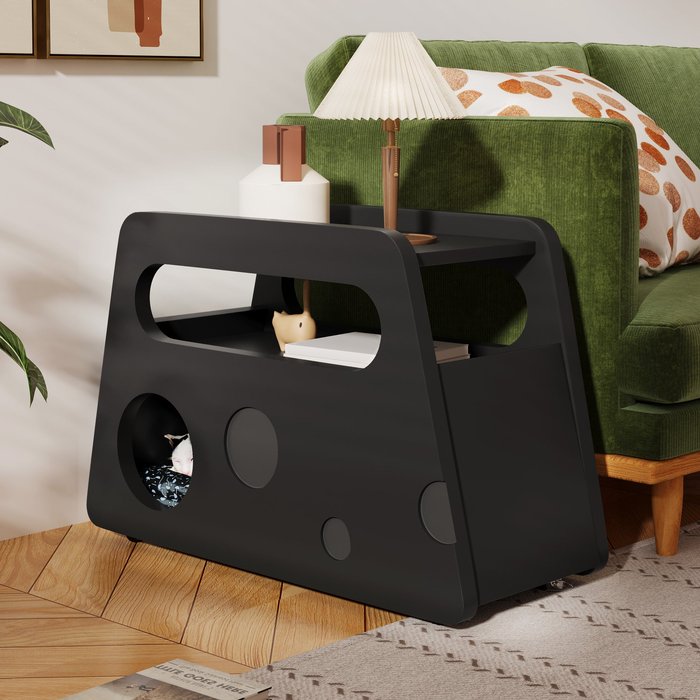 Mesa auxiliar 81×33×51,5 cm con ruedas, espacio de almacenamiento, en mdf, negro